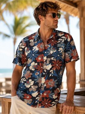 NWT O’Neill Men’s Navy Floral Hawaiian Button Shirt Small